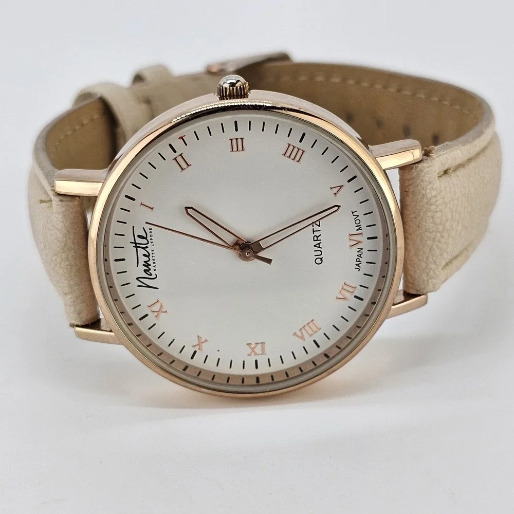 Women's Analog Watch 36MM White Dial Cream Faux Leather Bands NEW Battery
